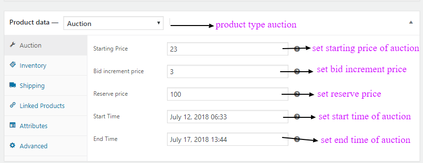 woocommerce products auction product type