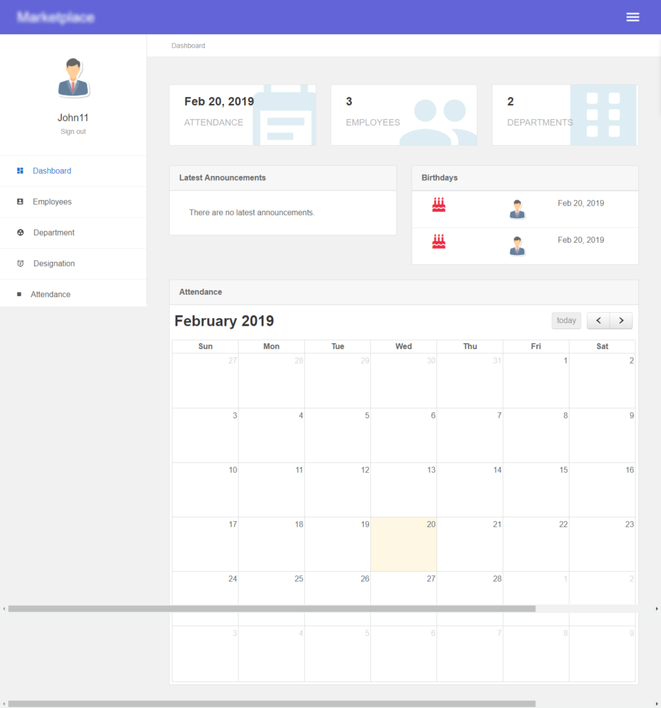 Wordpress HR Management System dashboard