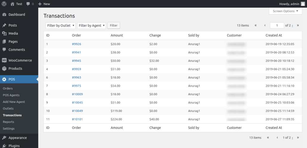 Wordpress POS transactions