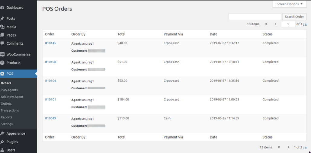 Woocommerce pos orders