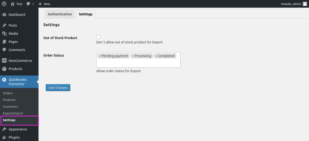 WooComerce Quickbooks connector Settigns
