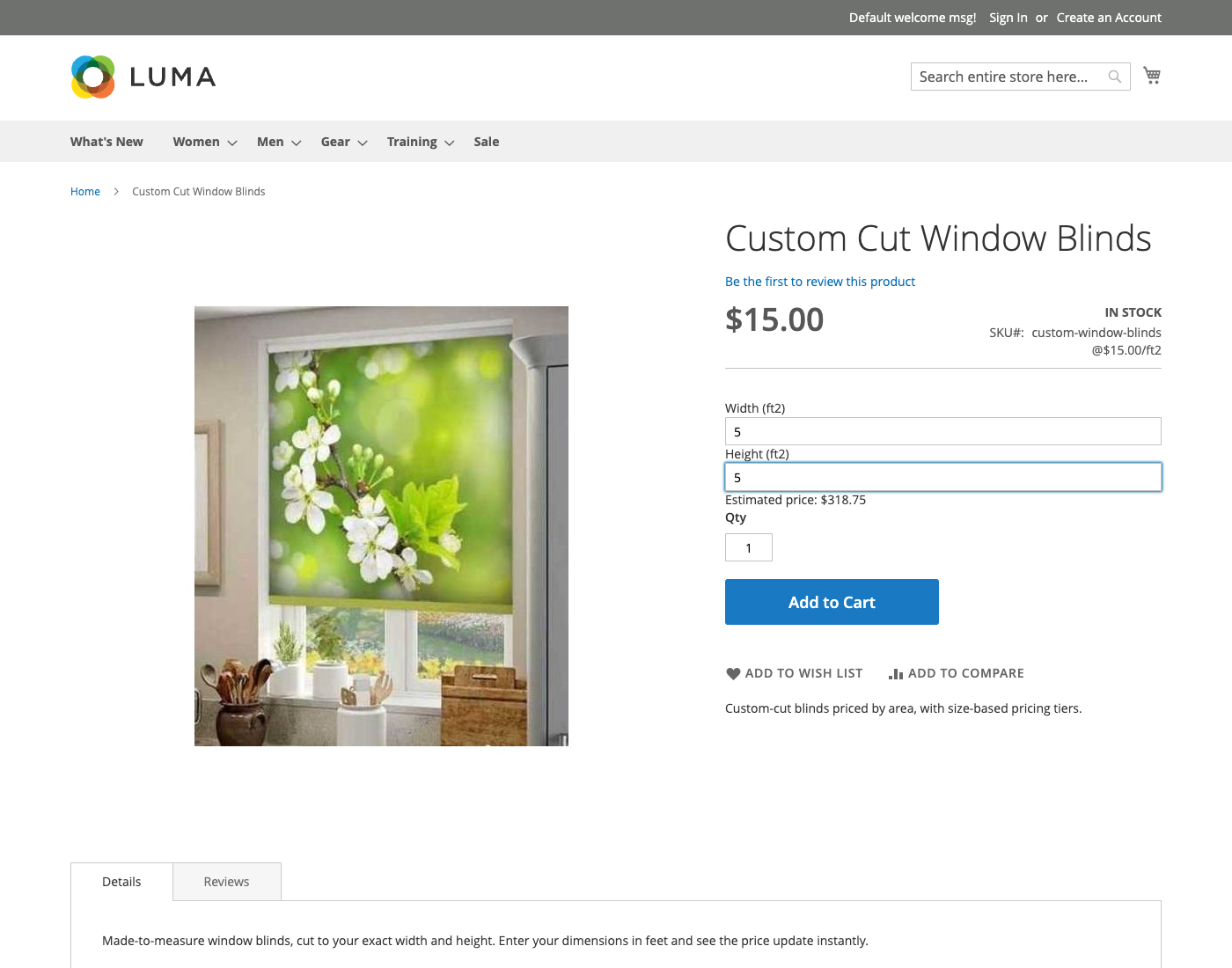 Custom Cut Window Blinds product page with Width (ft2) and Height (ft2) both set to 5, showing Estimated price $318.75