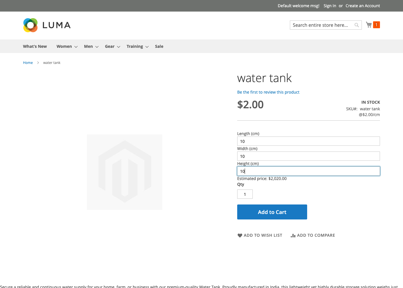Same water tank page with 10, 10, 10 entered into Length, Width and Height, showing Estimated price $2,020.00