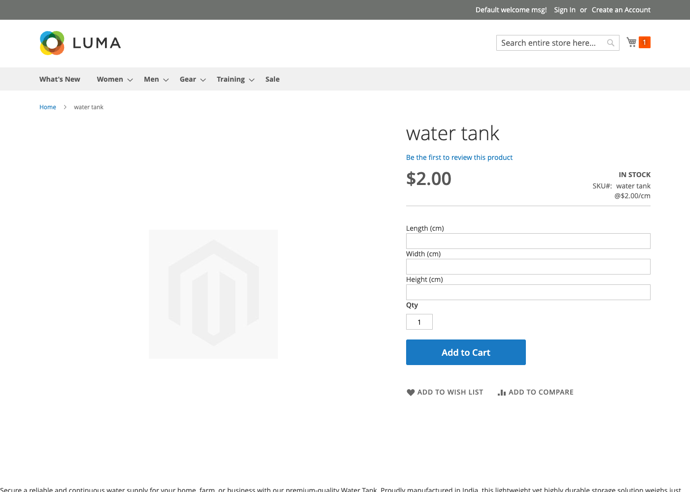Product page for a water tank with three empty fields: Length (cm), Width (cm), Height (cm)