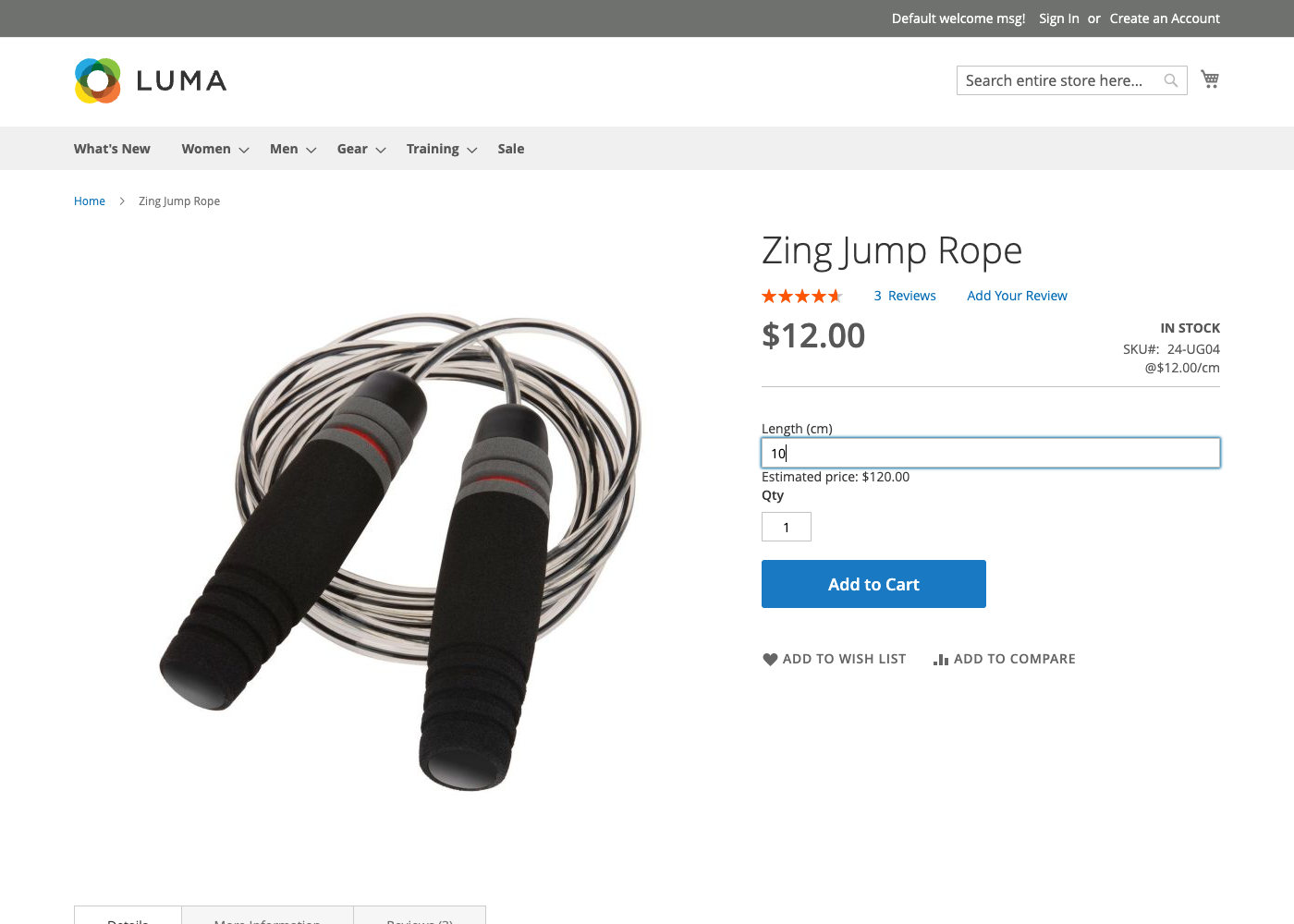 Product page showing a Length (cm) field with the value 10 entered, and a live 'Estimated price: $120.00' line updating beneath it