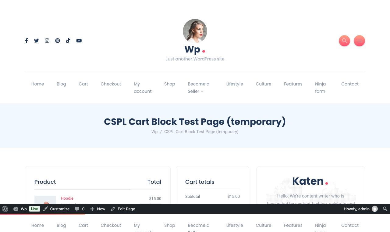 Block-based Cart page showing the new Split the Payment panel with 3 participants, live-recalculated to 15 dollars each